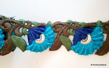 Blue And Green Floral Embroidery Trim, Flower Cut Work One Yard Lace Trim, Approx. 65mm Wide